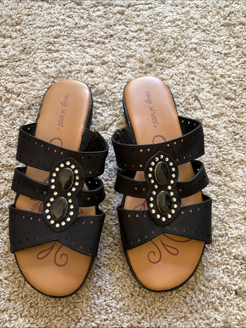 easy street Black Jeweled Triple-Strap Slide Sandals